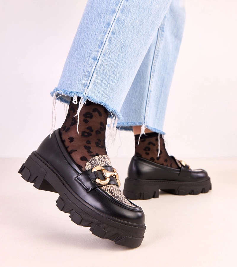 Moteriški bateliai odiniai juodi ant platformos – Mokasinai, bateliai